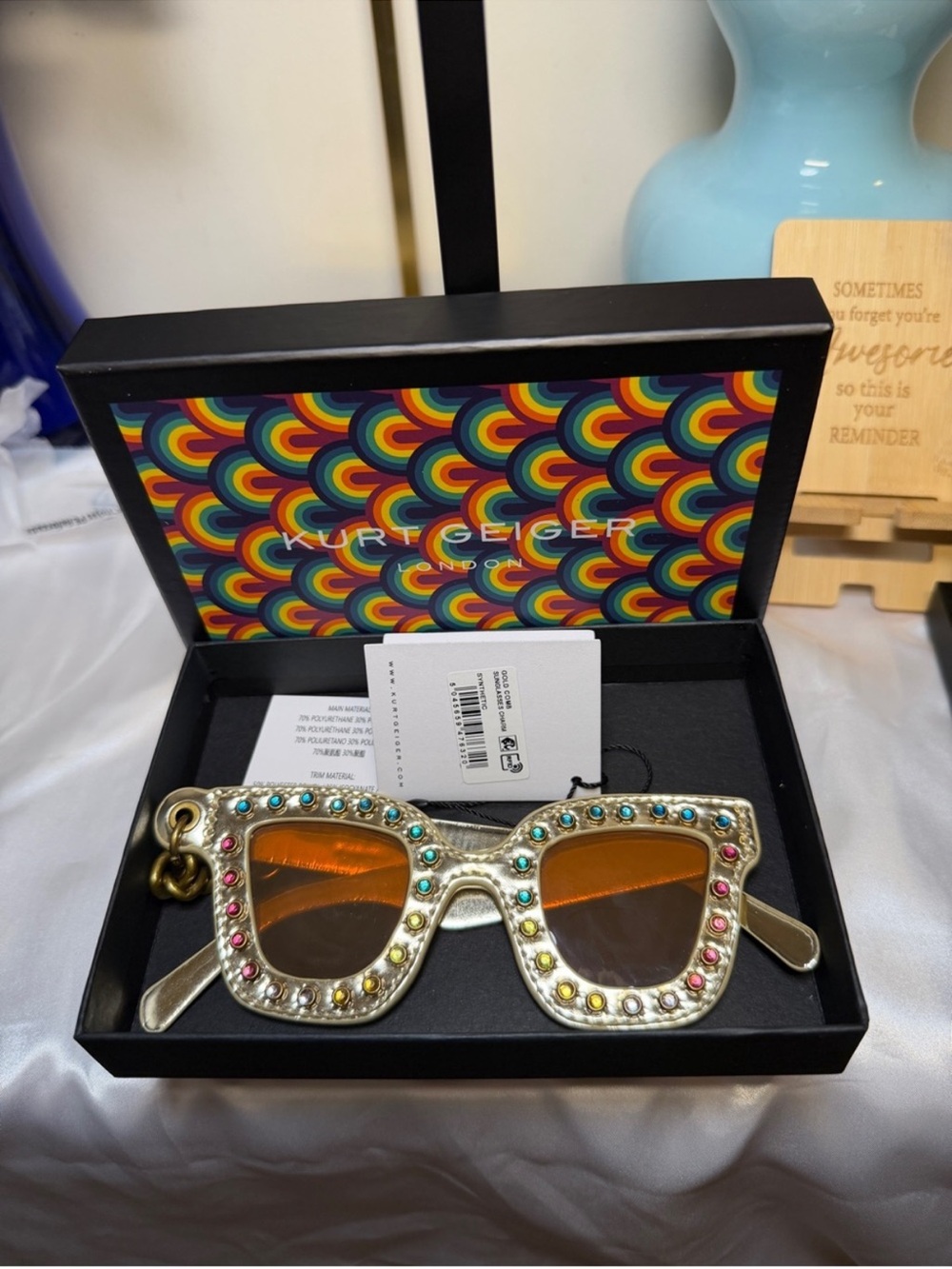 Kurt Geiger Bag Charm Gold Square Sunglasses with Multicolored Stones